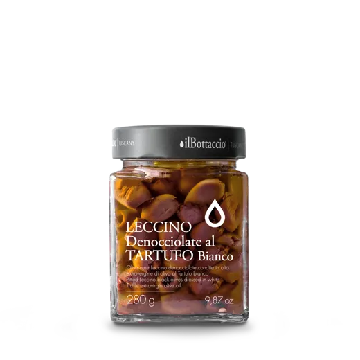 OLIVE NERE LECCINO DENOCCIOLATE al tartufo bianco in extra vergine 280 gr