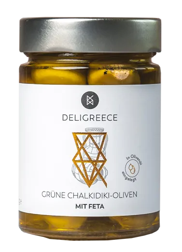 GRÜNE OLIVEN MIT FETA | IN EXTRA NATIVEM OLIVENÖL 320 G GLAS