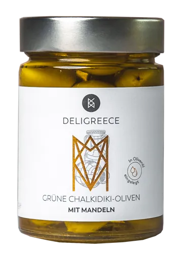 GRÜNE OLIVEN MIT MANDELN | IN EXTRA NATIVEM OLIVENÖL 320 G GLAS