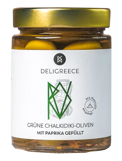 GRÜNE OLIVEN MIT PAPRIKA STEIN IN MEERSALZLAKE 350 G GLAS