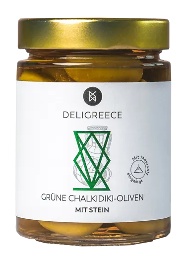 GRÜNE OLIVEN MIT STEIN IN MEERSALZLAKE 350 G GLAS